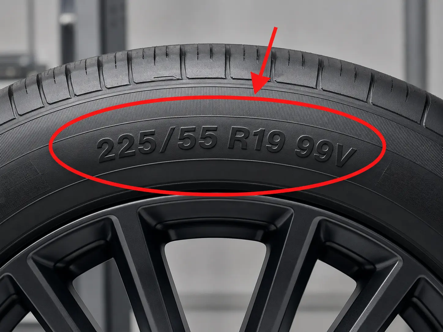 Example showing where to find the tyre size on a tyre sidewall